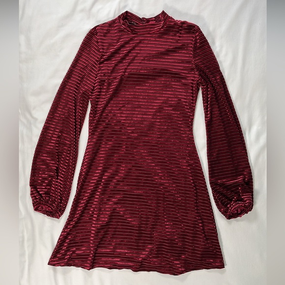 Lulus S Striped Burgundy Red Velvet Mini Dress Balloon Sleeves Keyhole Back - Picture 2 of 12